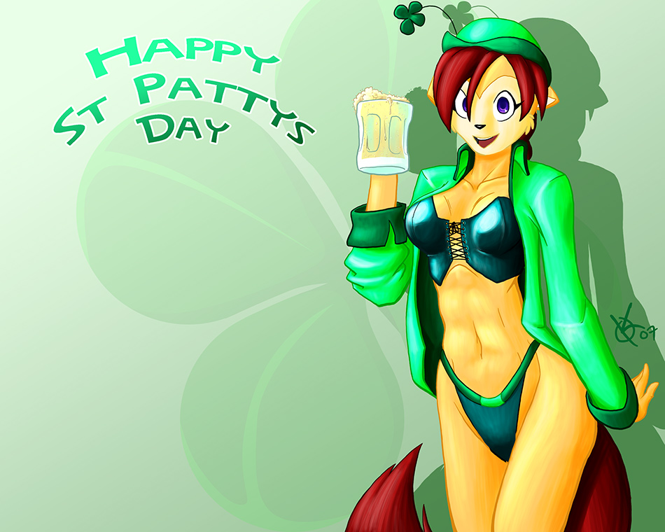 beer breasts canine corset female four_leaf_clover fox kenfoxx panties purple_eyes red_hair skimpy solo sonique st._patrick's_day underwear