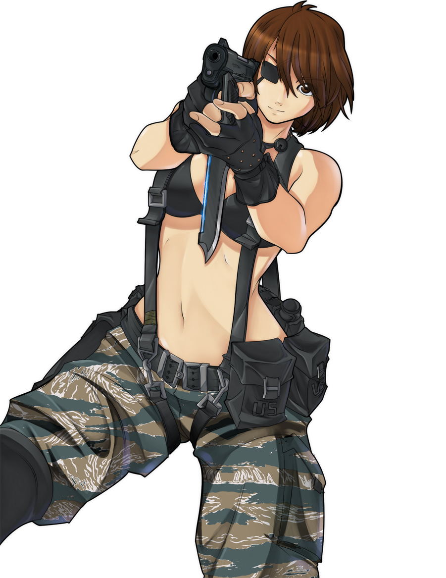 aiming_at_viewer ammunition_pouch bikini_top brown_hair camouflage canteen cosplay cqc eyepatch fingerless_gloves gloves gun handgun holding holding_gun holding_weapon knife load_bearing_equipment metal_gear_(series) metal_gear_solid metal_gear_solid_3 metal_gear_solid_4 naked_snake naked_snake_(cosplay) navel no_shirt pistol pouch short_hair solo spike_wible stabo_harness suspenders throat_microphone tigerstripe_(camo) weapon woodland_pattern