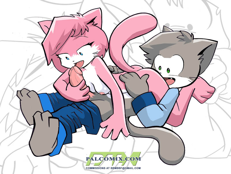 69 aeris_(vg_cats) all_fours blue_eyes cat cunnilingus fang feline fellatio female green_eyes grey hair leo_(vg_cats) licking male oral oral_sex palcomix penis pink_hair sex short_hair short_pink_hair straight tail tongue vgcats