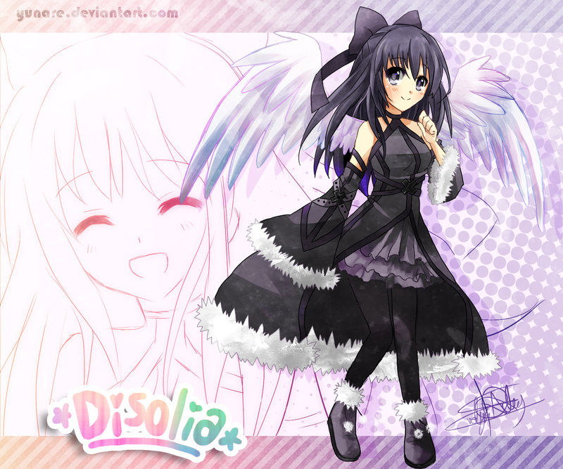 angel bare_shoulders black black_eyes black_legwear black_pantyhose boots bow breasts detached_sleeves disolia female french frills hair_bow hair_ribbon halftone_background long_hair original pantyhose partially_colored purple_hair rainbow ribbon skirt smile solo wallpaper wings winter yunare