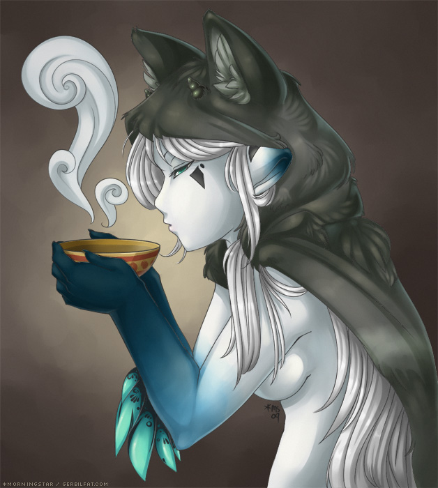 blowing bowl cloak cooling cute female giselle horns morningstar nude soup steam wolf's_clothing wolf_cloak