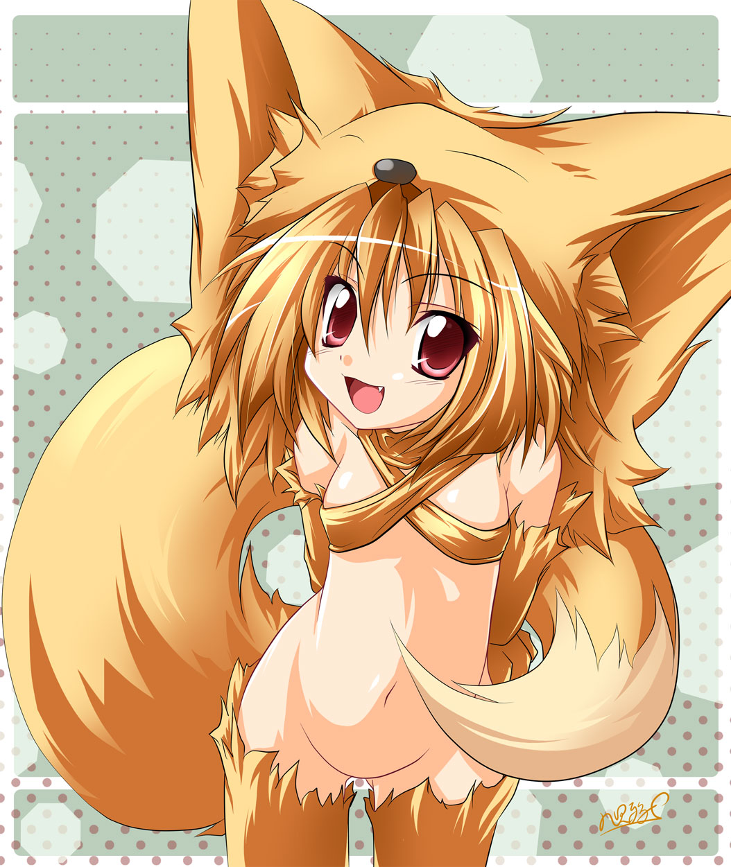 animal_ears blonde_hair canine crossed_arms elbow_gloves fang female fox foxgirl hair hat hentai kemonomimi kitsunemimi licking_paw looking_at_viewer moonlight_flower paw_gloves ragnarok_online red_eyes short_hair soft solo standing tail thigh_highs unknown_artist