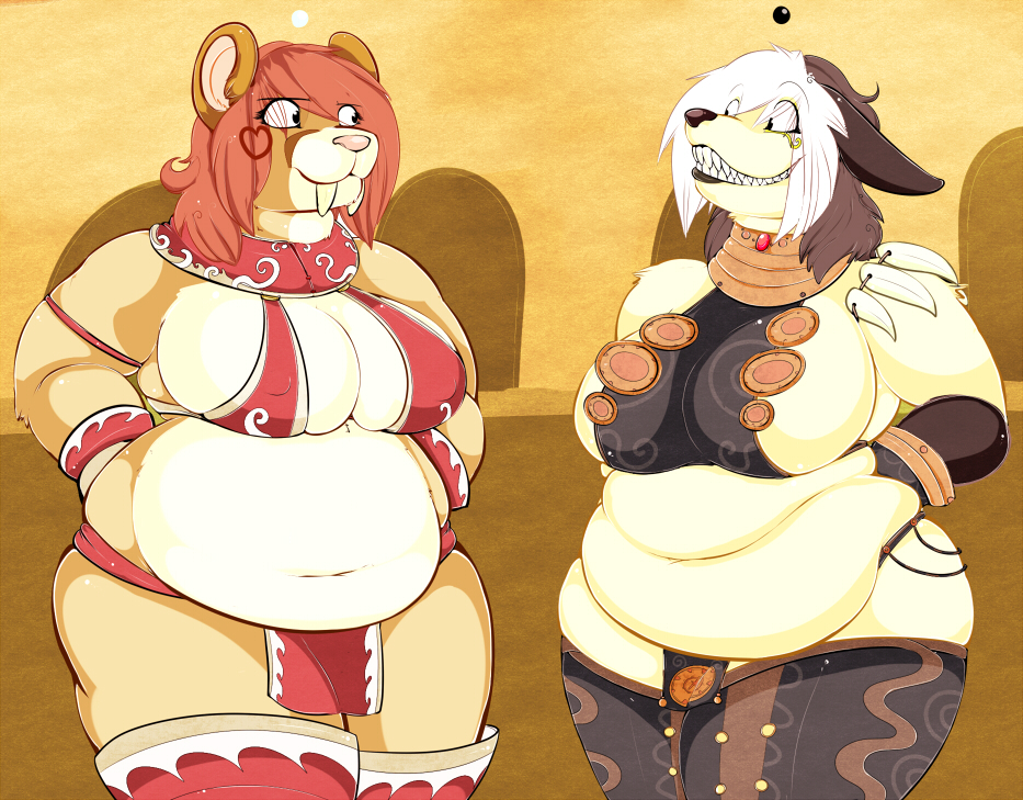 &lt;3 anubian_jackal big_breasts breasts canine chubby clothed clothing dite dripdry eye_contact fat feline female grin hair herro jackal mammal milf mother obese overweight parent red_hair sabertooth skimpy smilodon standing two_tone_hair