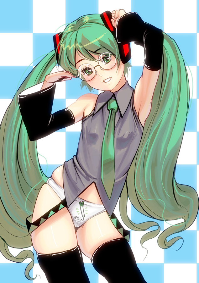 aqua_hair arm_up armpits bad_id bad_pixiv_id bespectacled black_legwear checkered checkered_background cowboy_shot detached_sleeves glasses green_eyes grin hatsune_miku long_hair masao necktie no_pants panties skindentation smile solo spring_onion thighhighs twintails underwear very_long_hair vocaloid