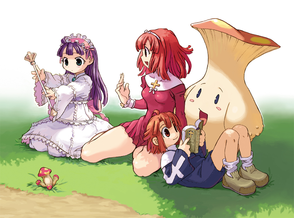 2girls book brown_eyes brown_hair child culotte dress eclair_(la_pucelle) eringya_(marl_kingdom) everyone green_eyes happy headdress la_pucelle legs lying marl_kingdom monster multiple_girls mushroom official_art pink_hair prier purple_hair reading red_eyes red_hair ribbon ryoji_(nomura_ryouji) sitting smile thick_thighs thighs