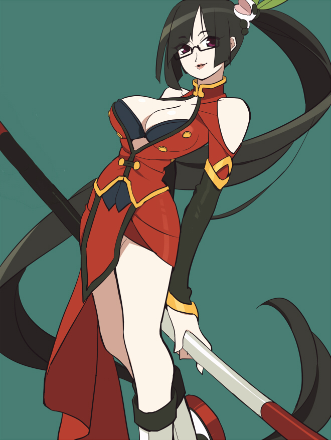 arc_system_works bare_shoulders black_bra black_hair blazblue blazblue:_calamity_trigger bra breasts china_dress chinadress chinese_clothes cleavage dress female glasses kedamansan lao_jiu lingerie litchi_faye_ling long_hair polearm ponytail red_eyes simple_background solo staff underwear very_long_hair weapon