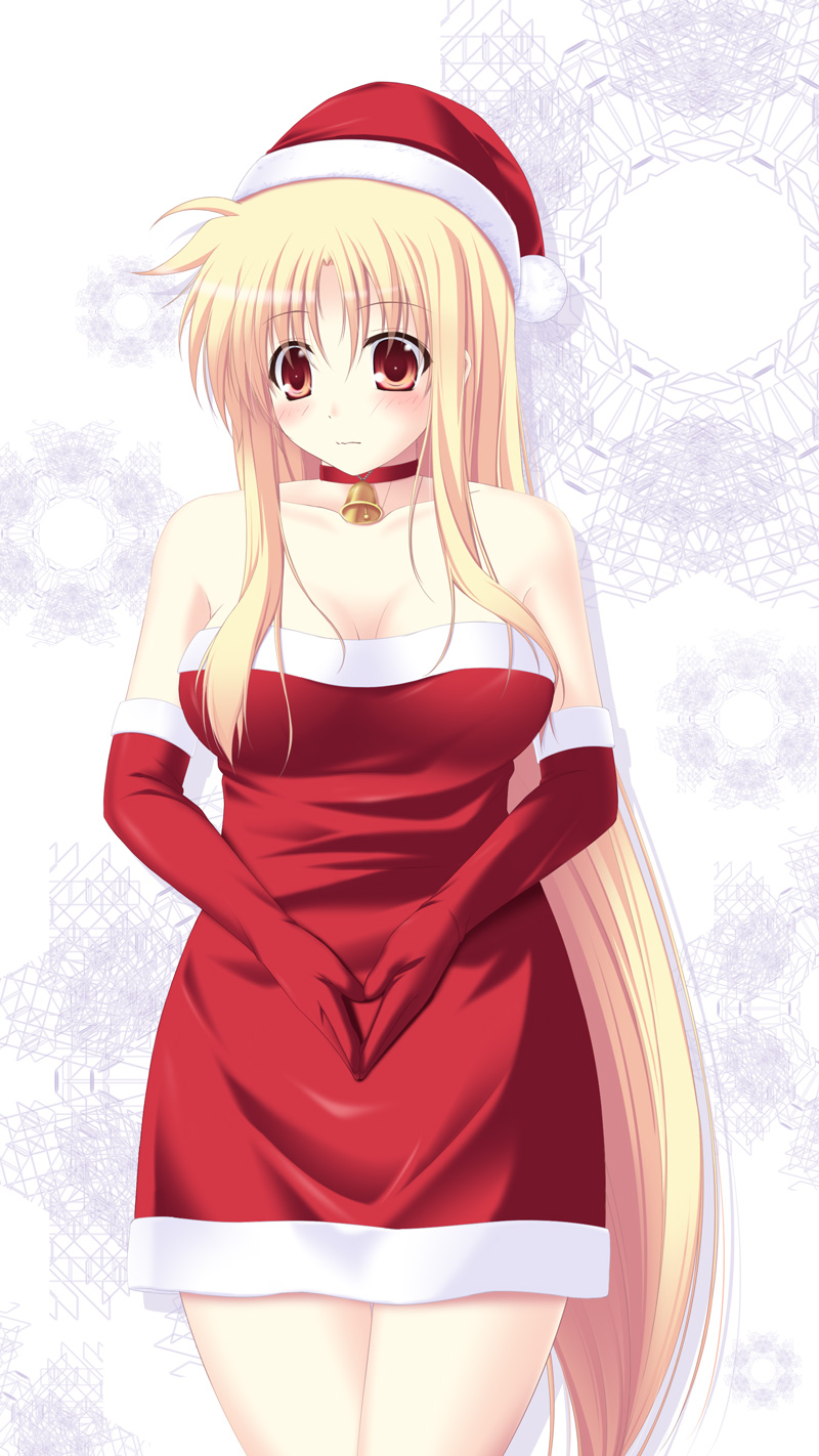 amicis bell blonde_hair blush breasts choker cleavage elbow_gloves embarrassed fate_testarossa gloves hat highres large_breasts long_hair lyrical_nanoha mahou_shoujo_lyrical_nanoha_strikers red_eyes red_gloves red_skirt santa_costume santa_hat skirt very_long_hair