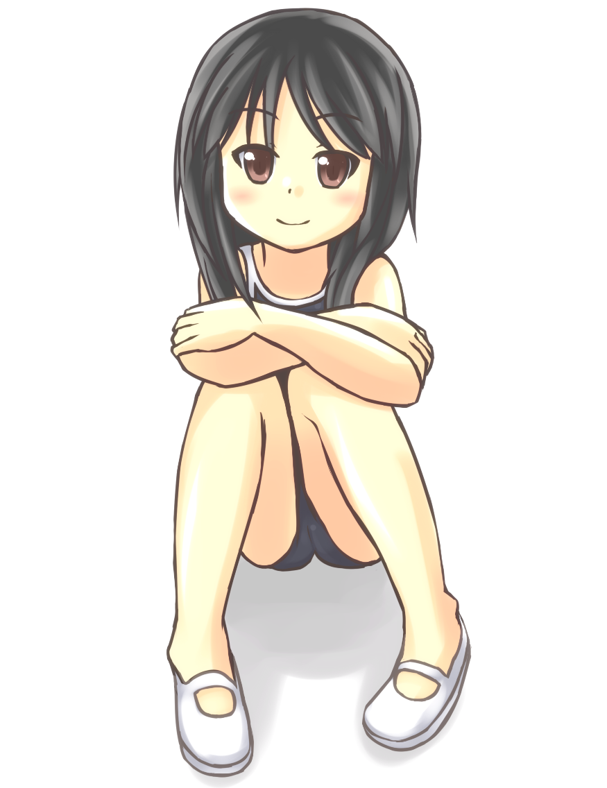 bad_id bad_pixiv_id black_hair brown_eyes mumu_(mumunyan) no_socks original school_swimsuit short_hair sitting smile solo swimsuit