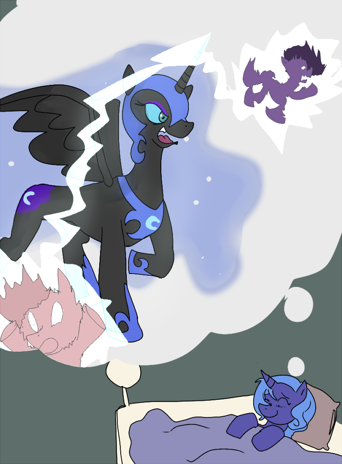 attack bed dream electricity equine female feral friendship_is_magic hair horn horse lightning magic mammal mean my_little_pony nightmare_moon_(mlp) pegacorn pinkie_pie_(mlp) pony princess_luna_(mlp) twilight_sparkle_(mlp) unicorn unknown_artist winged_unicorn wings zap