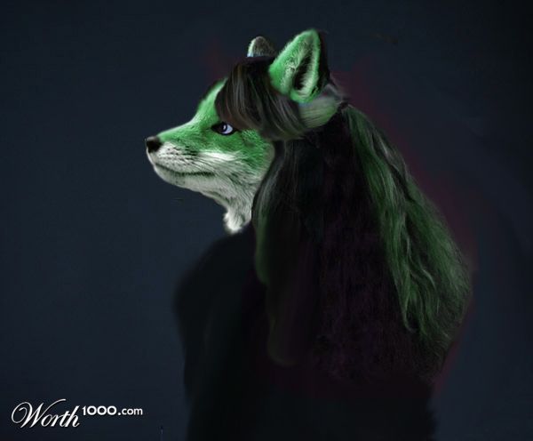 abstract_background canine chromatic_background edit female fox fur green_fur green_hair hair long_hair mammal photo_manipulation photomorph real solo standing tragic2113 unknown_artist worth1000