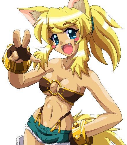 animal_ears blonde_hair blue_eyes bra bracelet canine face_markings fang female fingerless_gloves gloves hair hentai jewelry liru long_blonde_hair long_hair looking_at_viewer markings ookamimimi ponytail renkin_3-kyuu_magical?_pokahn soft solo standing tail unknown_artist whisker_markings wolf wolfgirl