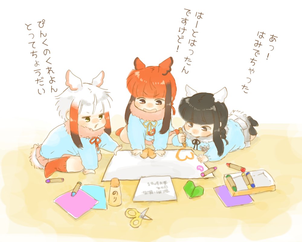 3girls adapted_costume apron bangs bird_wings black-headed_ibis_(kemono_friends) braid child comic commentary_request crayon drawing fur_collar hair_tie head_wings japanese_crested_ibis_(kemono_friends) kemono_friends kindergarten_uniform long_sleeves moeki_(moeki0329) multicolored_hair multiple_girls neck_ribbon paper ponytail red_hair ribbon scarlet_ibis_(kemono_friends) scissors shirt short_sleeves sidelocks socks t-shirt translation_request twin_braids twintails white_hair wings younger