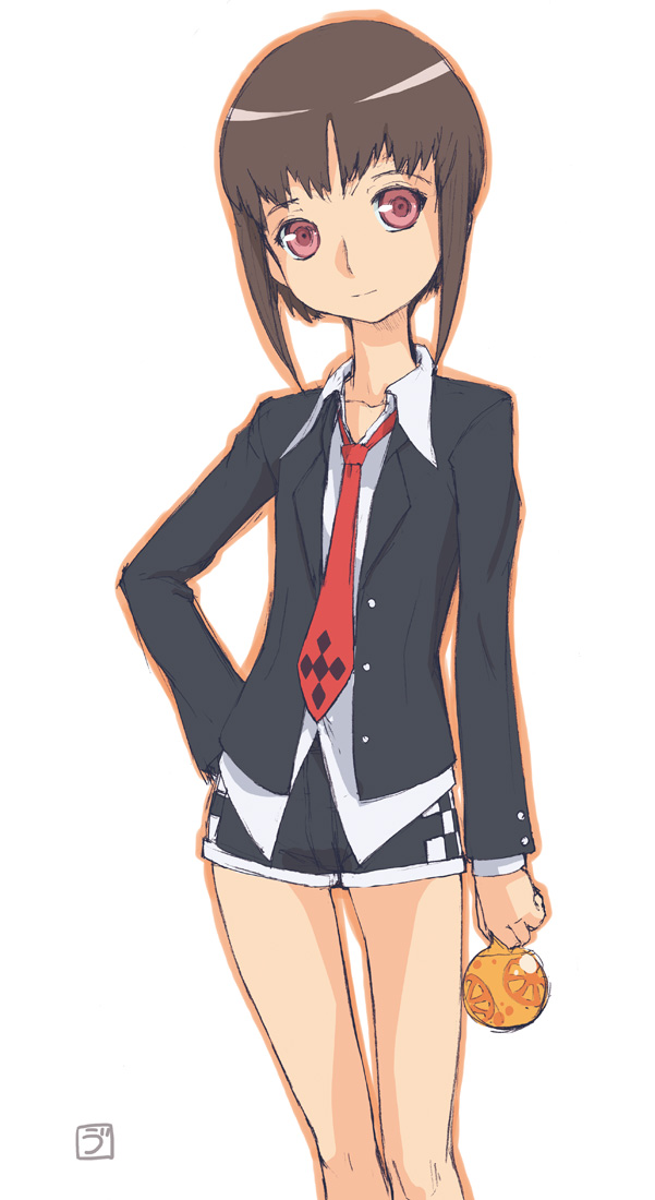 ally_connolly blazer bob_cut bottle brown_hair dress_shirt drink element_hunters head_tilt jacket necktie red_eyes shirt short_hair shorts sidelocks solo uni_tenten untucked