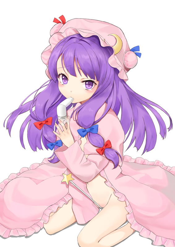 asthma bad_id bad_pixiv_id crescent dress harunoibuki hat inhaler long_hair no_panties open_clothes open_dress patchouli_knowledge purple_eyes purple_hair sitting solo star touhou wand wariza