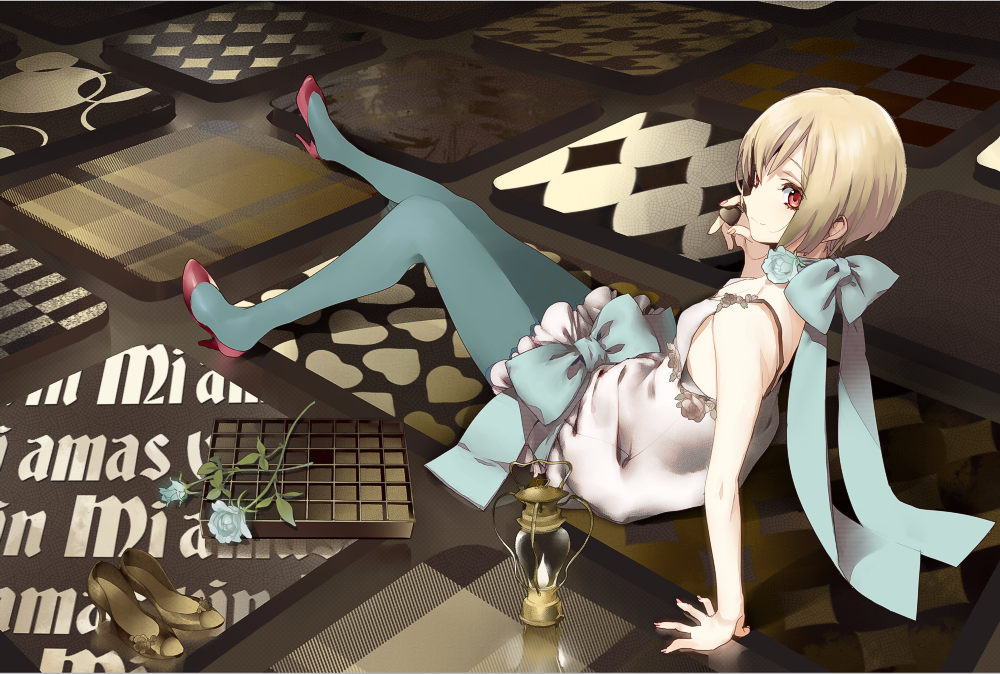 arm_support blonde_hair blue_legwear chocolate dress flower heart high_heels ie_(mochi) lantern original pantyhose red_eyes shoes short_hair sitting solo