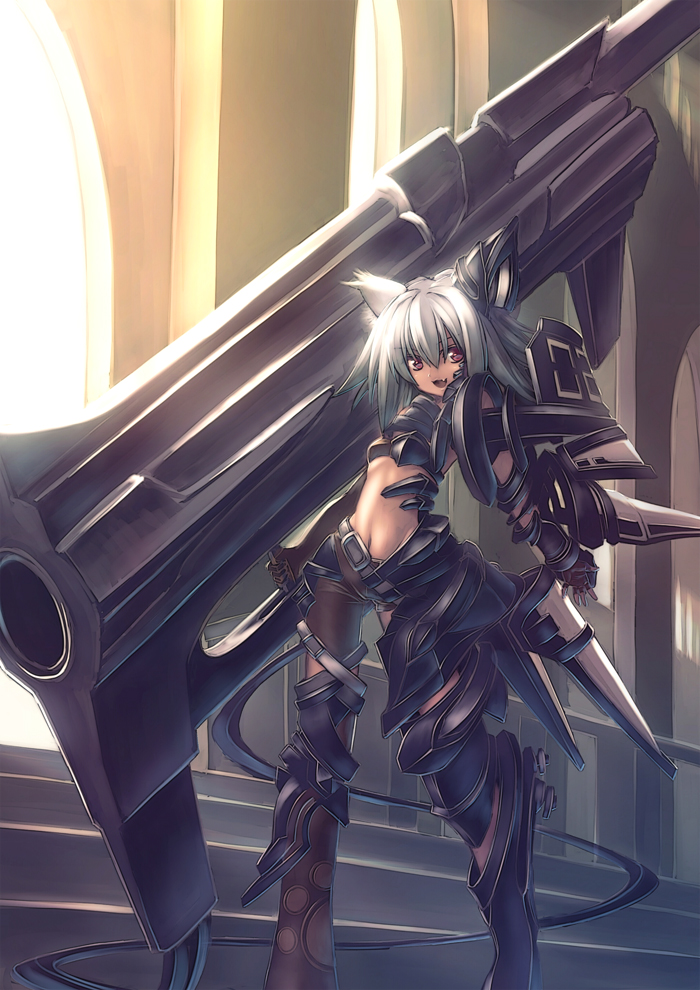 animal_ears armor fang fingerless_gloves garuku gloves huge_weapon midriff navel open_mouth original short_hair smile solo stairs standing weapon white_hair