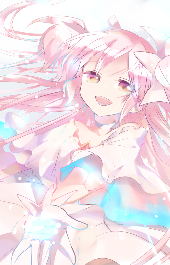 @shimapan alternate_costume bow gloves hair_bow kaname_madoka long_hair magical_girl mahou_shoujo_madoka_magica pink_hair smile solo spoilers two_side_up ultimate_madoka white_gloves yellow_eyes