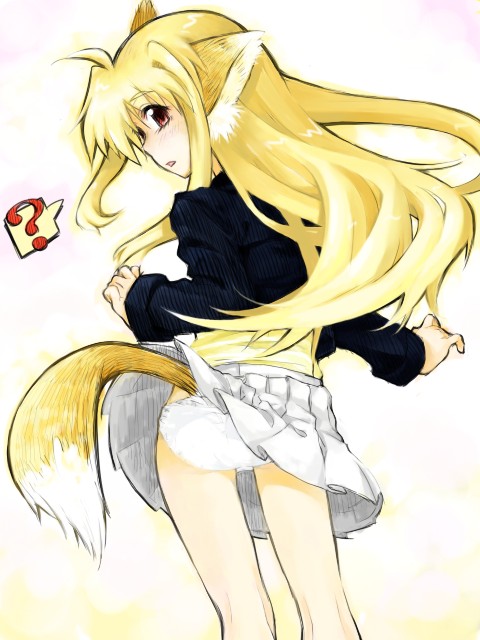 animal_ears back blonde_hair canine female fox foxgirl hair hentai kemonomimi kitsunemimi knee_pit long_blonde_hair long_hair looking_at_viewer looking_over_shoulder panties solo standing tail underwear unknown_artist