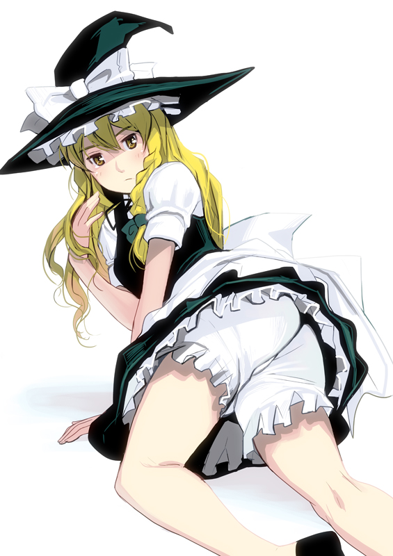 bad_id bad_pixiv_id blonde_hair bloomers bow braid from_behind hair_bow hat kirisame_marisa kneepits long_hair masao simple_background solo touhou underwear witch_hat yellow_eyes