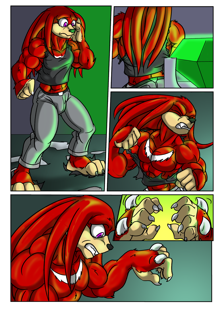 arms back_turned barefoot big_muscles black-rat claws clenched_teeth clothed clothing echidna emerald eyes eyes_closed front gem hair hedgehog jewel keanon_woods knuckles knuckles_the_echidna mammal muscles nose pants paws pecs red_body sega shirt shoes sonic_(series) standing teeth torn_clothing transformation undressing