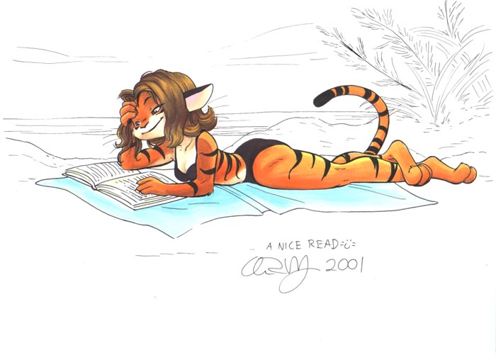 2001 aimee aimee_major beach bikini book brown_hair feline female hair reading seaside skimpy solo sunbathing tiger