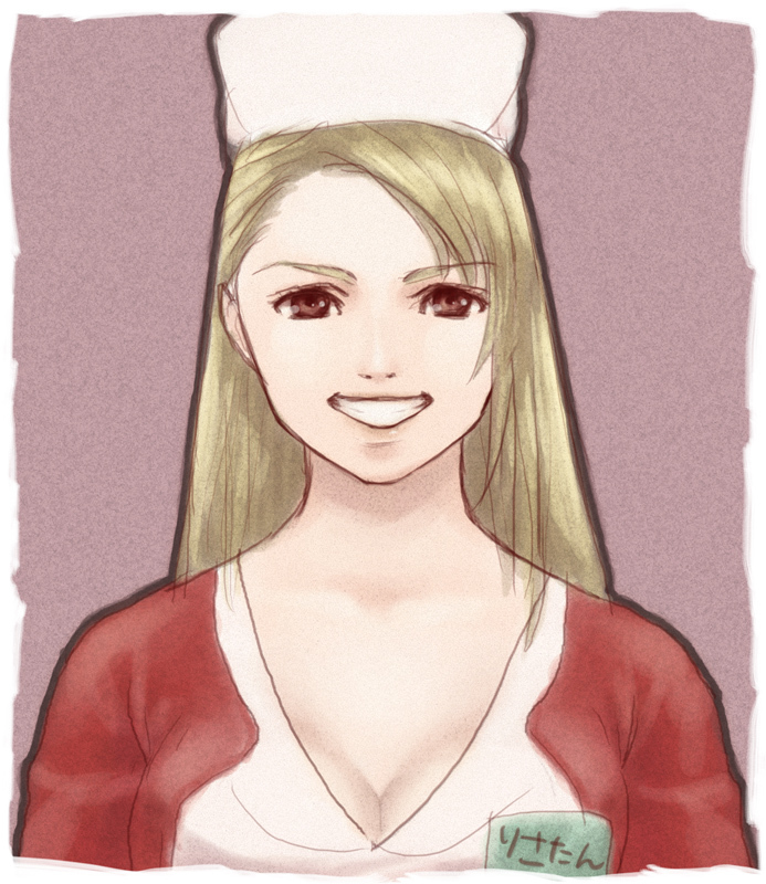 amailo blonde_hair breasts brown_eyes female grin hat lisa_garland long_hair nurse nurse_cap silent_hill smile solo