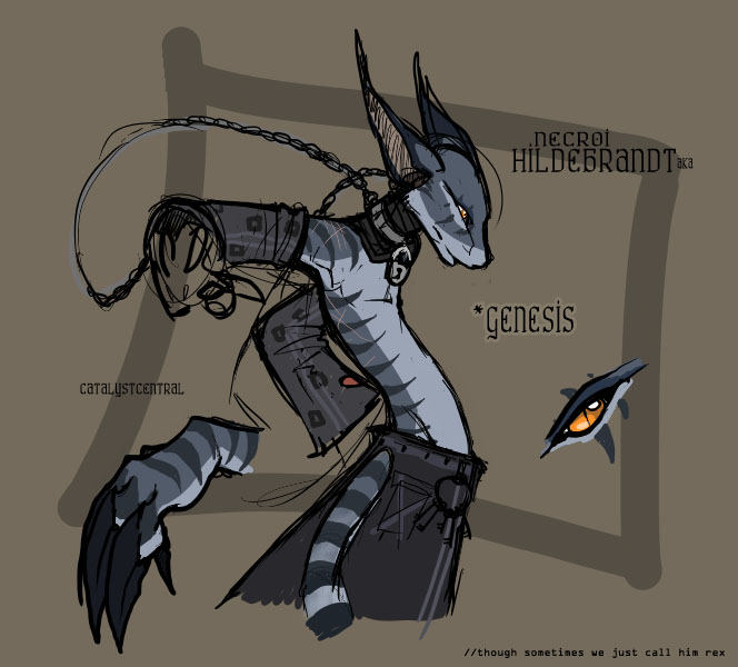 brown_background chain chains claws collar face_markings genesis goth grey jennadelle keys lock long_ears male necroi_hildebrandt rex stripes tail text topless yellow_eyes