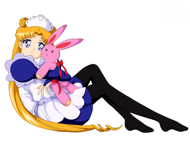 1girl bishoujo_senshi_sailor_moon black_legwear black_pantyhose blonde_hair blone_hair blue_eyes bunny hug long_hair long_legs maid maid_headdress maid_outfit pantyhose rabbit sailor_moon sitting solo stuffed_animal stuffed_toy tsukino_usagi twintails very_long_hair