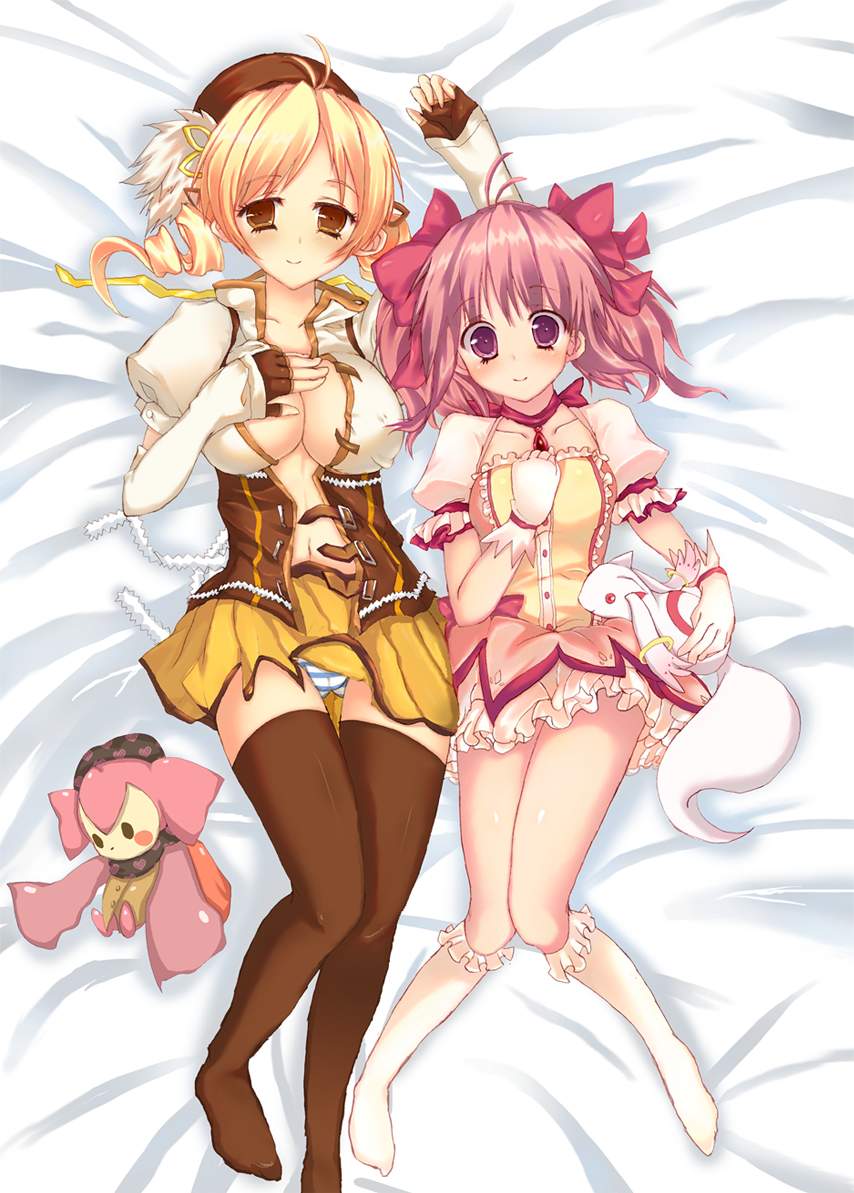 airmisuzu beret black_legwear blonde_hair breasts charlotte_(madoka_magica) dakimakura drill_hair fingerless_gloves gloves hair_ornament hair_ribbon hat kaname_madoka kneehighs large_breasts lying magical_girl mahou_shoujo_madoka_magica multiple_girls on_back open_clothes open_shirt panties pink_eyes pink_hair pleated_skirt puffy_sleeves ribbon shirt shirt_pull short_twintails skirt striped striped_panties stuffed_toy thighhighs tomoe_mami twintails underwear white_legwear yellow_eyes