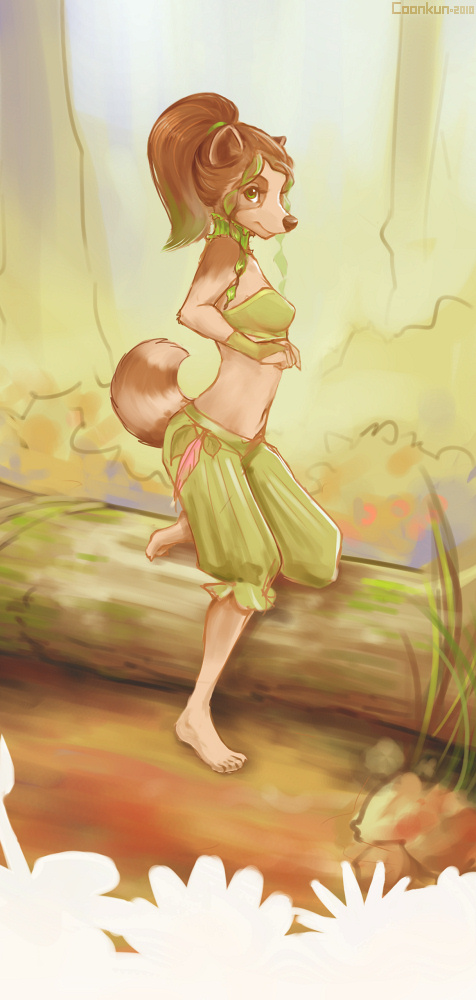 barefoot bent_leg bush clothed clothing coonkun feather female fingerless_gloves gloves green_eyes hair_tie leaning log looking_at_viewer mammal midriff nature outside plant ponytail raccoon ringtail short_tail skimpy solo standing tree vivian wood