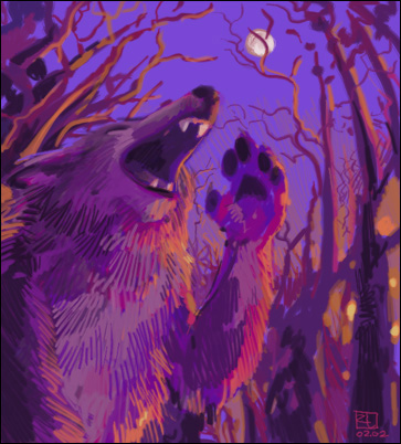 amara_telgemeier calling canine forest gaping_maw handpaw howl moon night open_mouth paws solo tree werewolf wolf worm's_eye_view