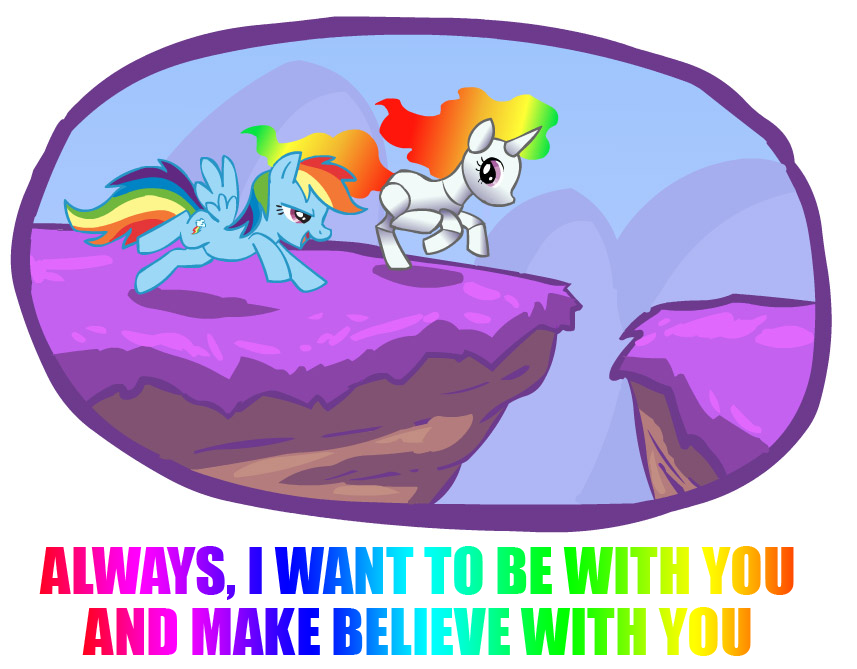 blue couple cutie_mark cyan_body english_text equine female feral friendship_is_magic hair horn machine mammal mechanical multi-colored_hair my_little_pony pegasus plain_background purple_eyes rainbow rainbow_dash_(mlp) rainbow_hair rainbowdashpegasi robot robot_unicorn_attack running text unicorn white_background wings