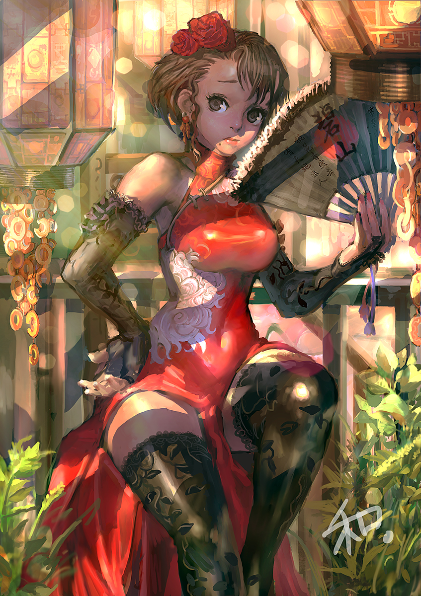 bad_id bad_pixiv_id brown_eyes brown_hair china_dress chinese_clothes dress fan flower hair_flower hair_ornament hand_on_hip highres kilart mole mole_under_mouth original red_flower red_rose rose short_hair solo thighhighs