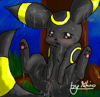 against_tree blush cum ear_markings face_markings female forest messy night pok&eacute;mon pussy red_eyes solo tail tail_markings takiro tree umbreon