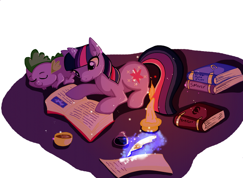 book butterscotch25 candle cutie_mark dragon duo equine feather female feral friendship_is_magic horn horse ink magic male mammal my_little_pony plain_background pony quill_pen reading scalie sleeping spike_(mlp) studying tea transparent_background twilight_sparkle_(mlp) unicorn unknown_artist writing