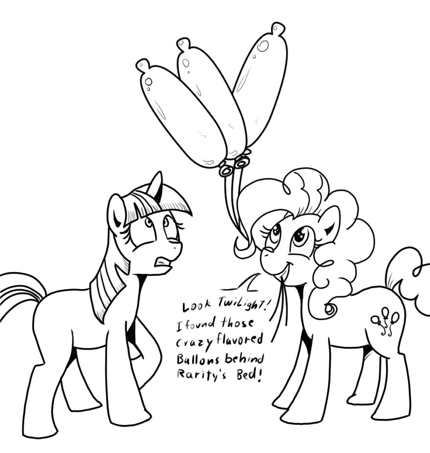 black_and_white condom cutie_mark english_text equine female feral friendship_is_magic horn horns horse mammal monochrome my_little_pony pinkie_pie_(mlp) plain_background pony text twilight_sparkle_(mlp) unicorn unknown_artist white_background