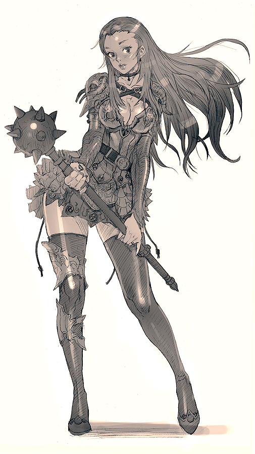 armor armored_dress bad_id bad_pixiv_id belt breasts choker cleavage contrapposto earrings jewelry kilart long_hair mace medium_breasts monochrome original simple_background solo standing thighhighs vambraces weapon zettai_ryouiki