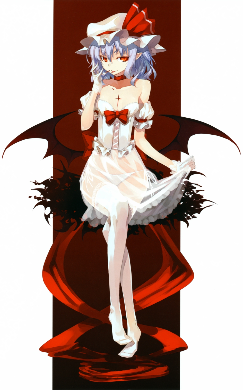 :p bat_wings blood blue_hair bow cat_eyes choker colored_eyelashes corset cross eyelashes female finger_to_mouth flat_chest hat highres lace lace-trimmed_thighhighs legs_crossed naughty_face orange_eyes panties pantsu pointy_ears red_eyes remilia_scarlet see-through shingo shingo_(missing_link) short_hair side-tie_panties sitting skirt skirt_lift solo thighhighs tongue tongue_out touhou transparent_clothing underwear white_legwear white_panties wings