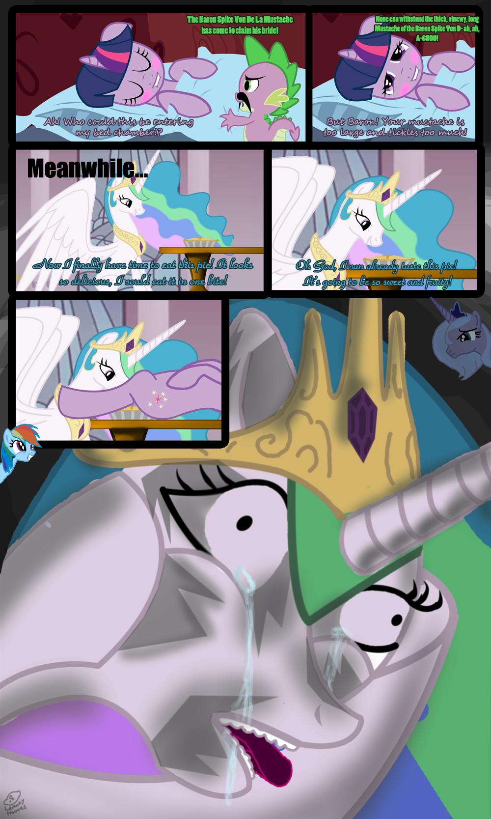 awesome bed blanket blue_hair blush comic crown crying cutie_mark dragon equine facial_hair female feral friendship_is_magic green_eyes hair horn horns horse humor humour lemonyhooves male mammal multi-colored_hair mustache my_little_pony oops pie pink_eyes pony princess princess_celestia_(mlp) princess_luna_(mlp) purple_eyes rainbow_dash_(mlp) rainbow_hair royalty scalie sick sneeze spike_(mlp) suggestive table tears teleportation twilight_sparkle_(mlp) two_tone_hair unicorn vaginal winged_unicorn wings wtf_face