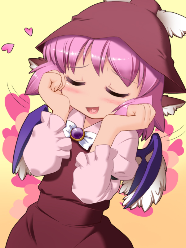animal_ears blush brooch closed_eyes hat heart heart_in_mouth jewelry mystia_lorelei open_mouth pink_hair short_hair simple_background smile solo touhou upper_body wings you_naka