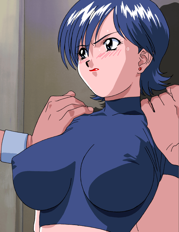 animated animated_gif blue_hair blush bouncing_breasts breasts breasts_apart covered_nipples katsura_ken'ichirou knife large_breasts lipstick makeup miki_(viper) nipples restrained short_hair solo tearing_clothes torn_clothes viper viper_ctr