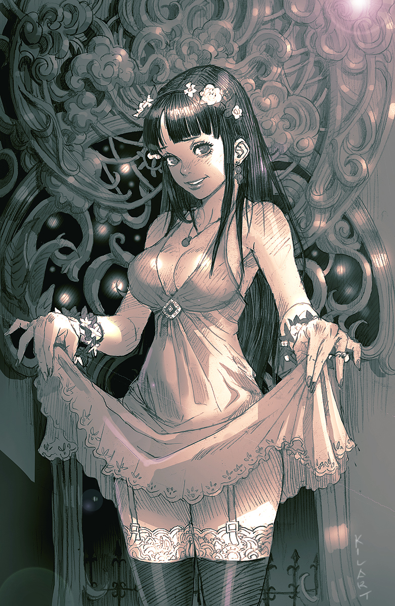 bad_id bad_pixiv_id bare_shoulders black_hair breasts cleavage dress dress_lift flower garter_straps hair_flower hair_ornament highres jewelry kilart lace lace-trimmed_thighhighs long_hair medium_breasts necklace original smile solo thighhighs