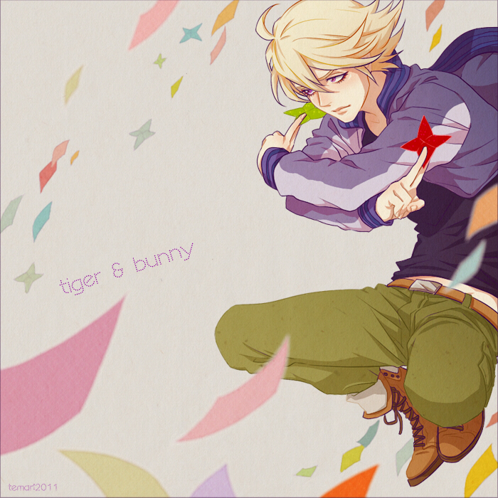 blonde_hair boots eyelashes ivan_karelin jacket letterman_jacket long_sleeves male_focus midair origami pants pink_eyes purple_jacket solo temari114 tiger_&amp;_bunny