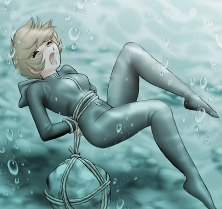 asphyxiation blonde_hair bound bubble bubbles drowning execution female game_over girl lowres peril predicament_bondage rock rope shingyouji_tatsuya short_hair underwater