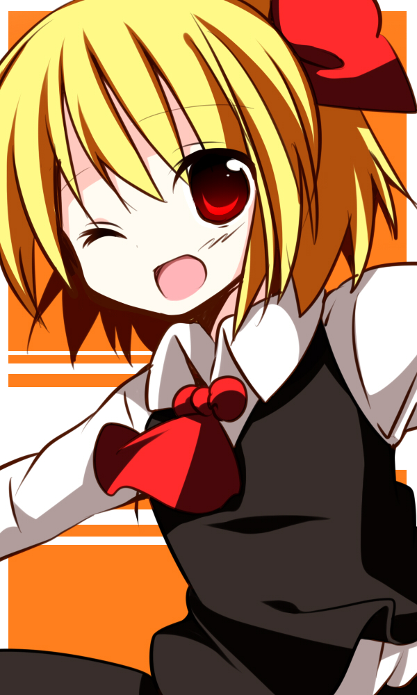 ascot blonde_hair hair_ribbon horon one_eye_closed open_mouth outstretched_arms red_eyes ribbon rumia short_hair solo spread_arms touhou