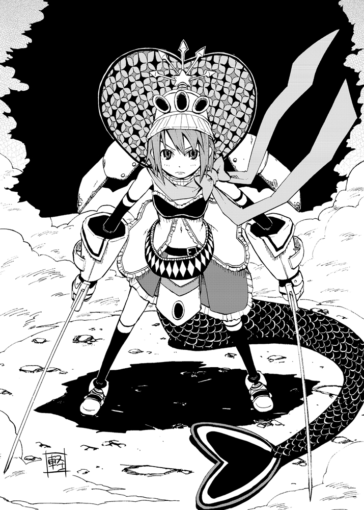 asymmetrical_clothes black_legwear cape dual_wielding fish_tail fusion gauntlets greyscale holding karu_(ishiken) kneehighs mahou_shoujo_madoka_magica miki_sayaka monochrome monster_girl navel oktavia_von_seckendorff scarf short_hair spoilers sword tail weapon