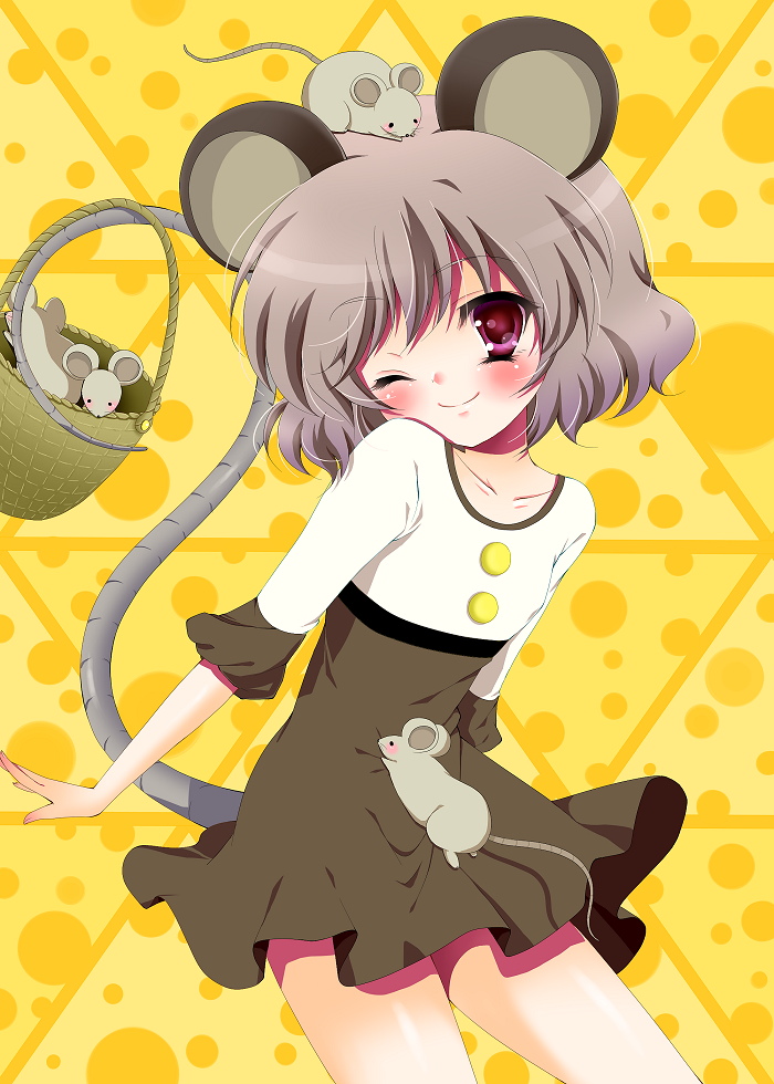 animal animal_ears animal_on_head bad_id bad_pixiv_id casual green_hair momose_rin mouse mouse_ears mouse_tail nazrin on_head one_eye_closed red_eyes solo tail touhou