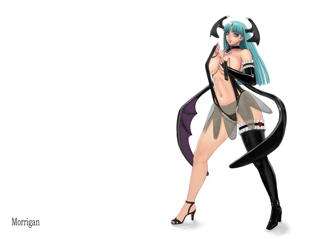 ark_(morita_hitomi) breasts character_name demon_girl fingernails high_heels large_breasts lingerie long_fingernails long_hair morrigan_aensland nail_polish purple_nails shoes solo source_request succubus thighhighs underwear undressing vampire_(game)