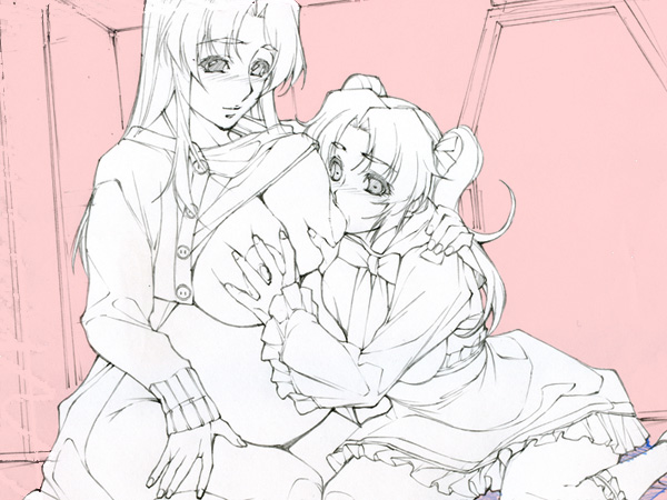 2girls areolae blush bow breast_grab breast_sucking breastfeeding breasts clothed clothes dress eyes frilly huge_breasts indoors jacket long_hair monochrome mothers_duty nipples oppai pregnant puffy_nipples shirt_lift sitting twin_tails