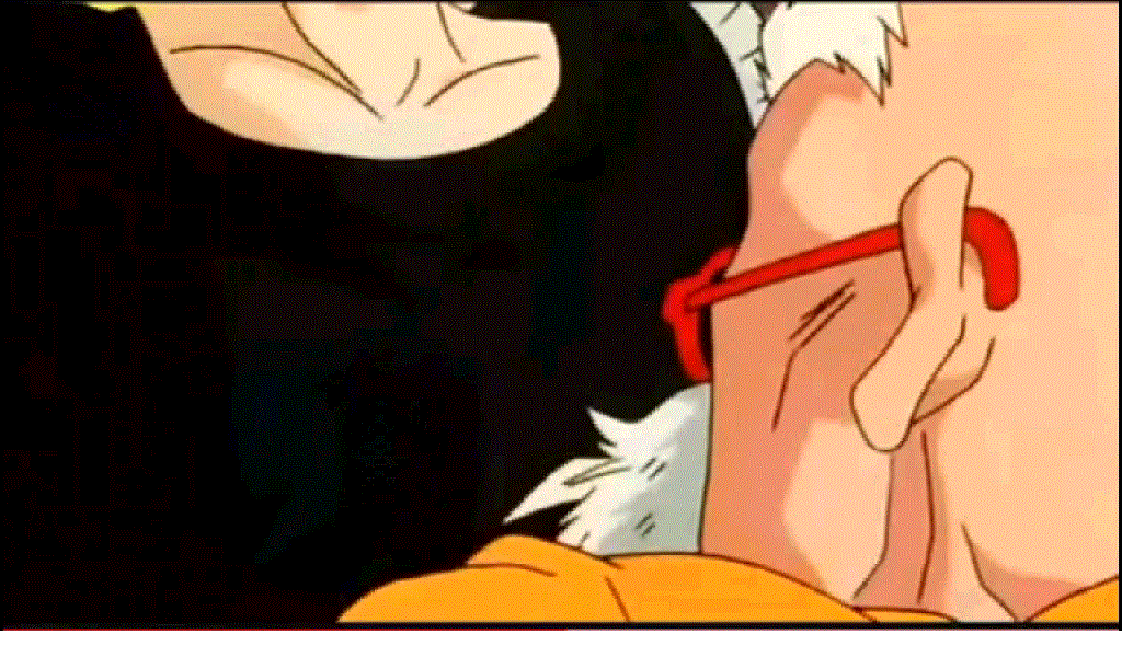 18 1boy 1girl age_difference android_18 animated animated_gif bald between_breasts dragon_ball dragonball_z head_between_breasts motorboating muten_roshi muten_roushi sunglasses